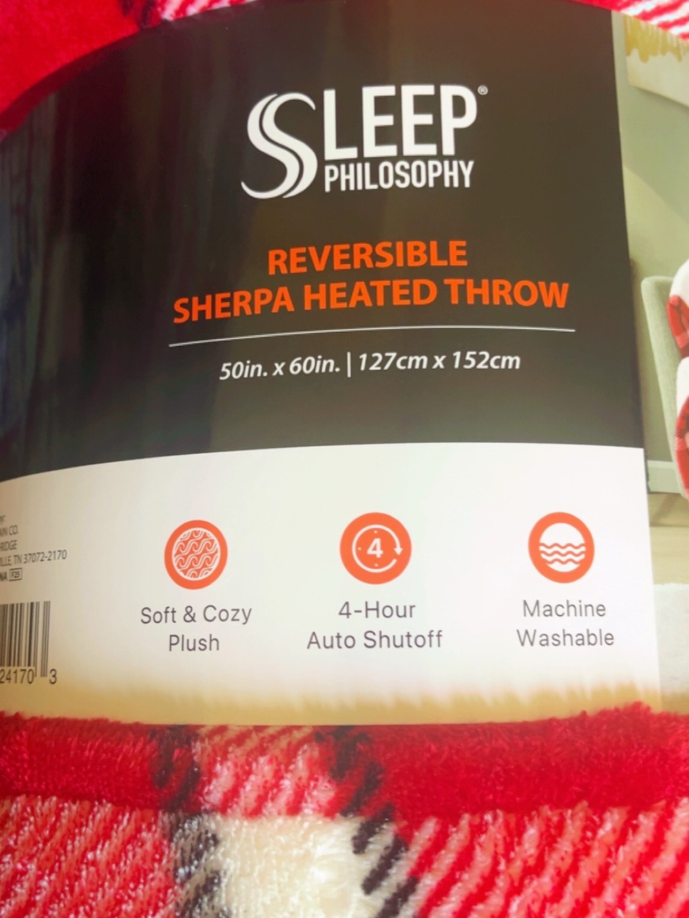 Philosophy Red Black and White Plaid Sherpa Heated Throw - Picture 3 of 7